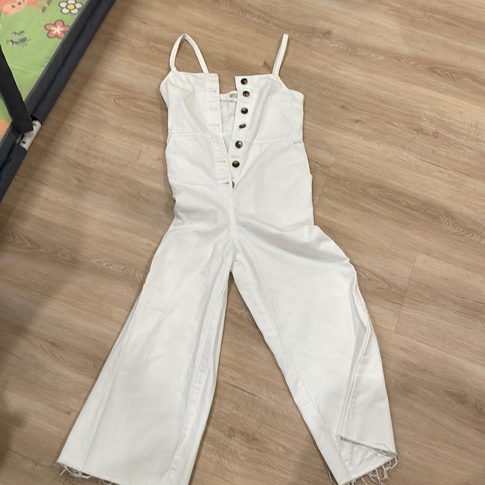 Topshop White Denim Button Front Cropped Wide Leg Jumpsuit Size 4